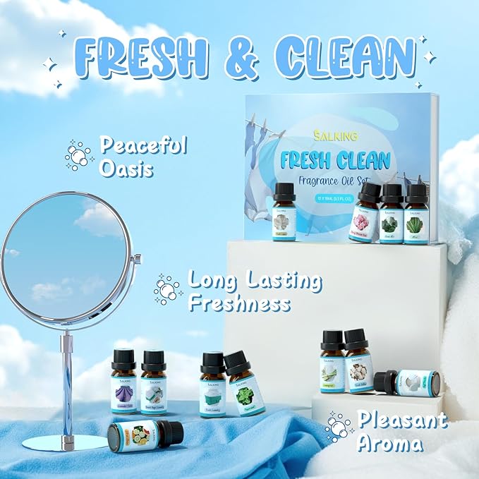 SALKING Clean Fragrance Oils Set, 12 x 10ml Premium Essential Oils Set for Diffuser, Natural Clean Scents Scented Oils, Soap & Candle Making Scents, Aromatherapy Oils Collection - Bloomnest