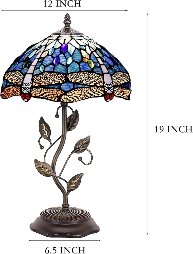 Tiffany Lamp Table Lamp Stained Glass Desk Lamps 12X12X19 Inches Reading Light Decor Bedroom Living Room (Blue Cloudy Dragonfly Style) - Bloomnest