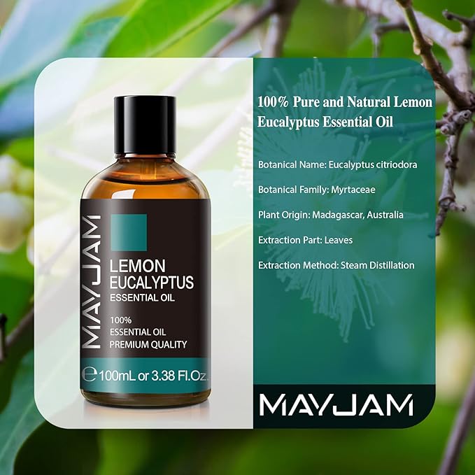 Lemon Eucalyptus Essential Oil, MAYJAM 3.38FL.OZ/100ML Large Volume Lemon Eucalyptus Oil with Premium Glass Dropper, Perfect for Soaps, Candles, Diffuser - Bloomnest