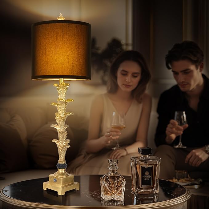 Table Lamps Set of 2 for Living Room, 3-Way Dimmable Touch Buffet Lamps with USB A+C Ports, Gold Leaf Finish Bedside Lamps with Black Linen Shades, Modern Nightstand Lamp for Bedroom Office Entryway - Bloomnest
