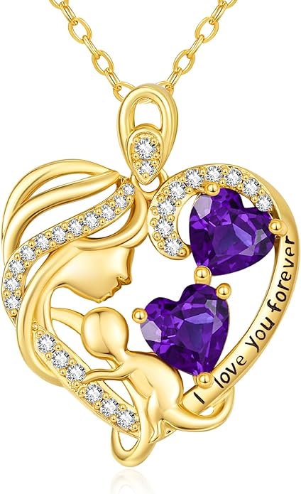 14K Gold Double Birthstone Heart Necklace for Women Mom, Mother Son/Daughter Pendant Necklace for Christmas Mother's Day Birthday Gifts for Wife Daughter Grandmom - Bloomnest