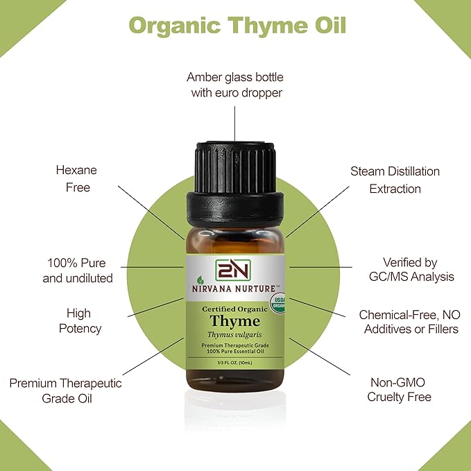 Thyme Essential Oil, USDA Certified Organic, 100% Pure Undiluted, Aromatherapy Oil for Diffuser, Hair & Skin Care NirvanaNurture