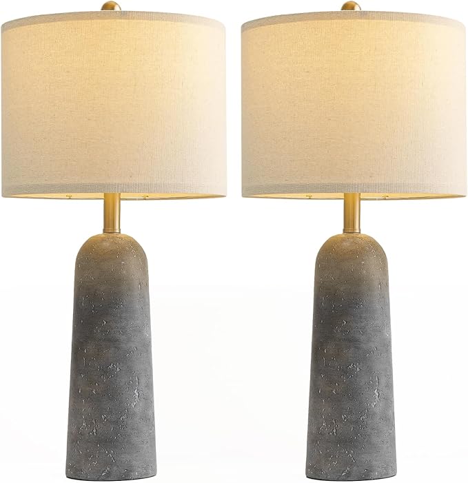 BOBOMOMO 27.25" Modern Table Lamp Set of 2, Gray Resin Lamp with Natural Stone Look, Travertine Lamps for Living Room with Linen Shades, Nightstand Lamp for Bedroom, Living Room, Entryway - Bloomnest