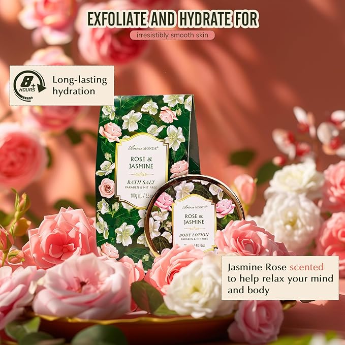 Gift Basket for Women - 8 Pc Rose & Jasmine Beauty & Personal Care Set - Home Bath Pampering Package for Relaxing - Spa Self Care Kit - Thank You, Birthday, Mom, Anniversary, Christmas Gift - Bloomnest