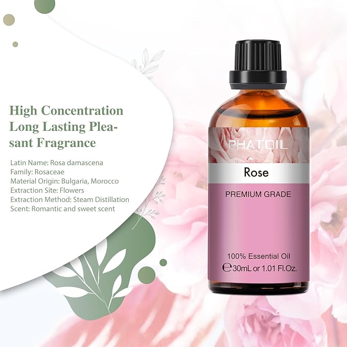 Rose Essential Oil, 1.01Fl.Oz (30ML) PHATOIL Pure Essential Oil Singles for Aromatherapy Diffusers, Humidifiers, Great for DIY Candle and Soap Making, Gift for Friend PHATOIL