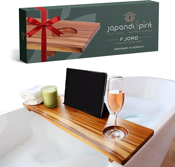 Fjord | Superior Teak Bathtub Tray Wood 29" for Small Tubs | Adjustable Wooden Bathtub Caddy | Sustainable Minimalist Bath Table Tray for Home Spa | by JapandiSpirit - Bloomnest