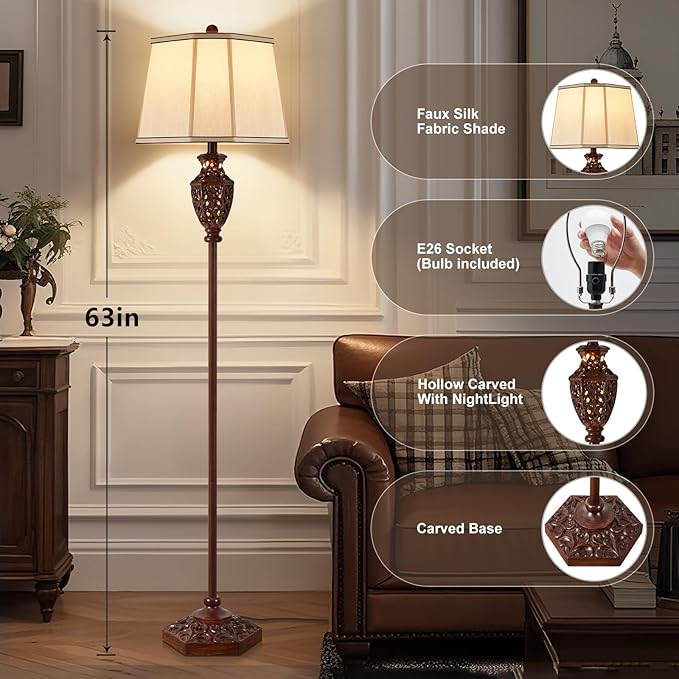 Luvkczc Vintage Floor Lamp - Brown Resin 6-Sided Carved Hollow Light Design, Mid-Century Modern Standing Lamp for Living Room, Bedroom, Study(Bulb Included) - Bloomnest