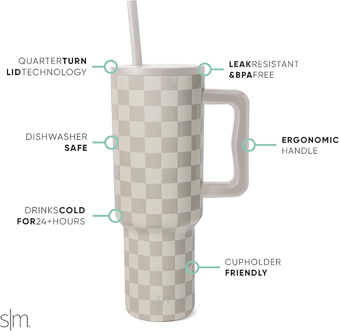 Simple Modern 40 oz Trek Tumbler with Handle and Straw Lid | Cup Holder Friendly Insulated Stainless Steel Travel Mug | Checkmate SimpleModern