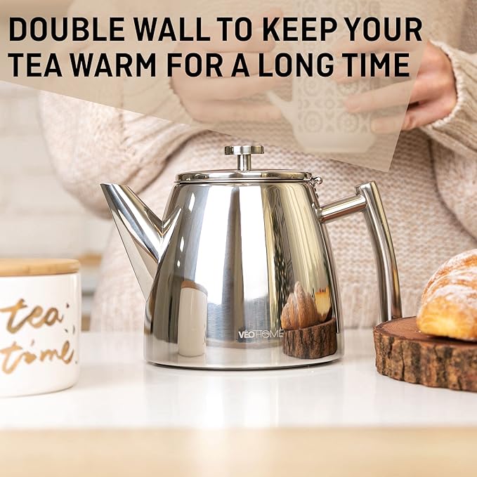 VeoHome Stainless Steel Tea Pot with Infuser - Keeps Heat Thanks to its Double Wall, Silver (0.5 Liter (17 oz))… - Bloomnest