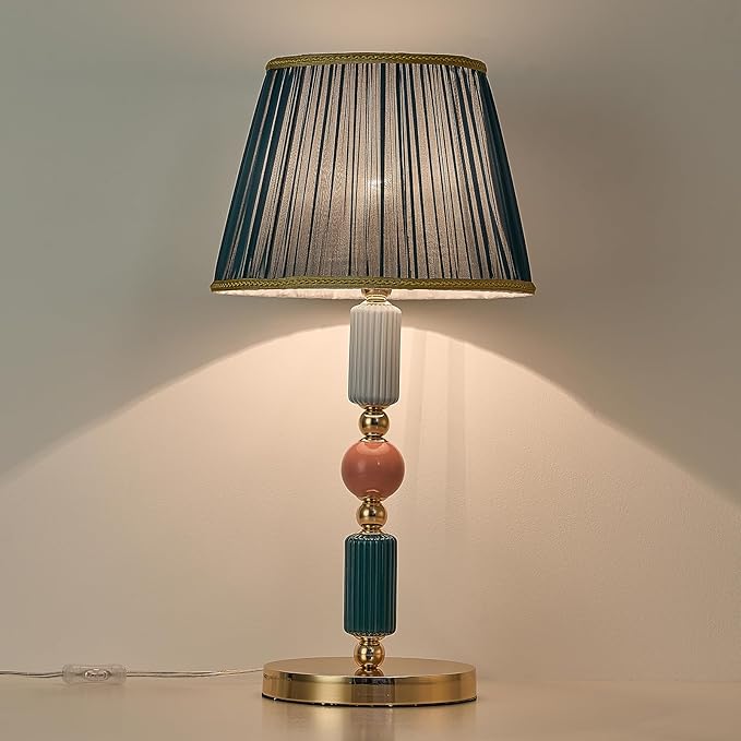 Green Fabric Shade Table Lamp Modern Metal Desk Lamp with Plug Cord Switch for Bedroom Bedside - Bloomnest