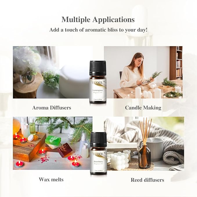 EUQEE 12pcs Fragrance Oils Gift Set, Premium Essential Oils Set for Diffuser, Candle, Soap Making, Travel, with Amber, Coconut&Vanilla, Fresh Linen, Leather, Forest Pine, Gift Set for Women and Men EUQEE