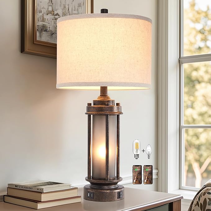 25'' Farmhouse Table Lamp with 2 USB Charging Ports, Rustic Vintage Nightstand Lamp with Frosted Glass Nightlight, Retro Desk Lamp for Living Room Bedroom End Table Entryway, 2 Bulbs Included - Bloomnest