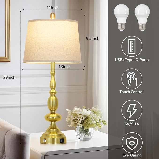29" Modern Gold Table Lamps Set of 2, Industrial Touch Control 3-Way Dimmable Bedside Lamp with USB C+A Ports, Metal Farmhouse Nightstand Lamps for Living Room Bedroom End Tables(2 LED Bulbs Included) - Bloomnest