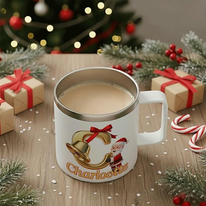 Personalized Christmas Mug | Custom Golden Bell Initial Insulated Coffee Cup with Handle & Lid | 12oz Holiday Tumbler, Cute Santa Gift for Kids & Family (B33) - Bloomnest