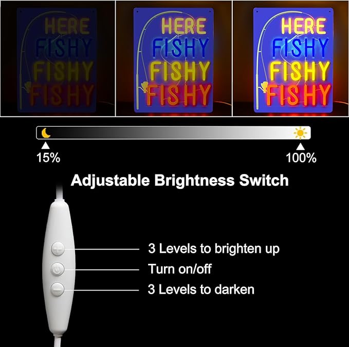 Funny Here Fishy Neon Sign Dimmable Fish Neon Light Wall Decor for Fishing Gear Store,Game Room, Man Cave Gift Art for Fishing Enthusiast-15.9 x 12.1IN-USB Powered-Acrylic - Bloomnest