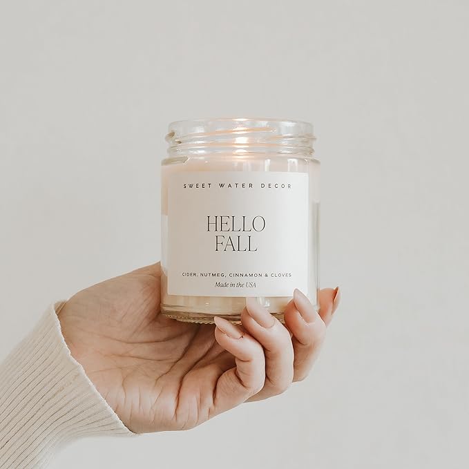 Sweet Water Decor Hello Fall Candle | Cinnamon, Apples, and Clove Autumn Scented Soy Candles for Home | Halloween Fall Candle 9oz Clear Jar, 40 Hour Burn Time, Made in The USA - Bloomnest