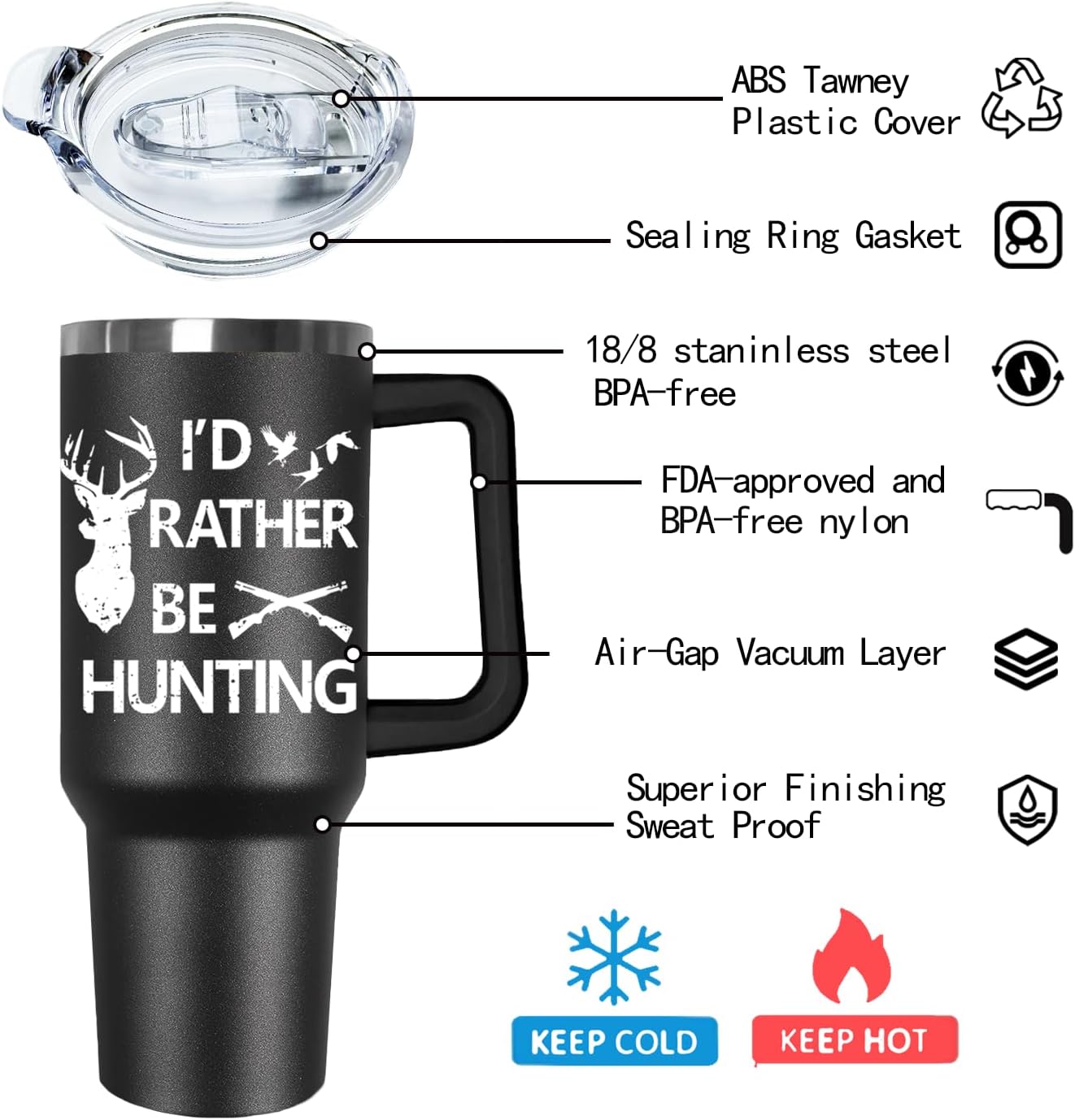 Ceovfoi Hunting Gifts for Men, 40 oz Deer Hunting American Flag Stainless Steel Tumbler with Handle Lid and Straw, Hunting Stuff Supplies Accessories
