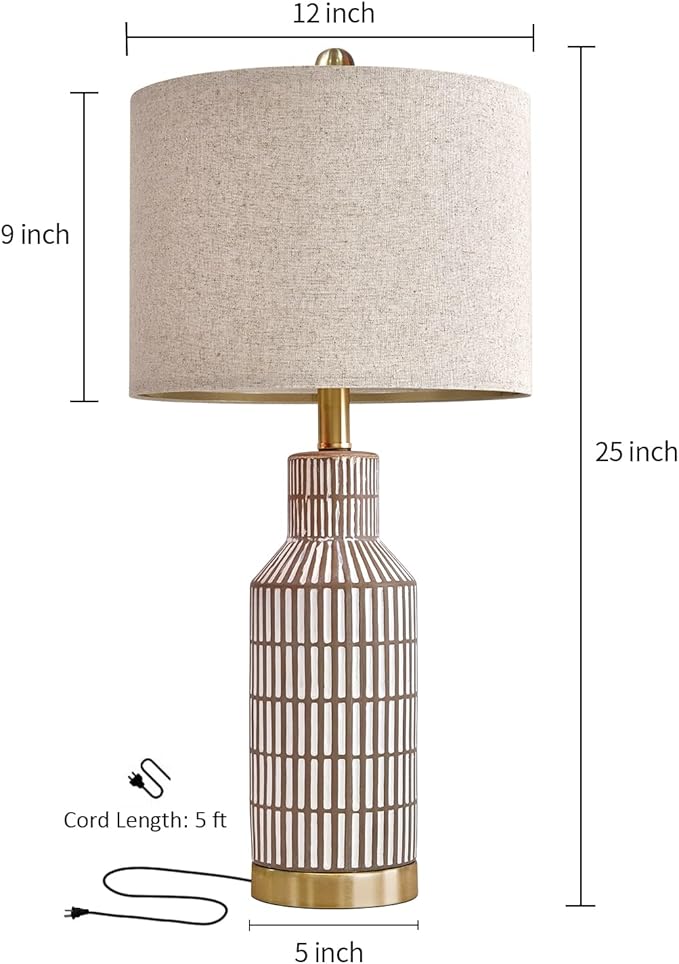 25" Table Lamps Set of 2, Modern Ceramic Bedside Lamps - Farmhouse Brown Nightstand Lamps for Bedroom, Boho Living Room End Table & Office Desk Decor - Bloomnest