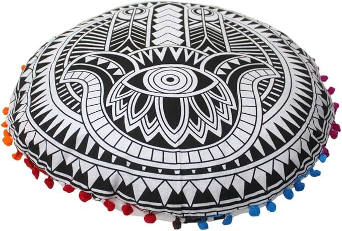 CRAFT KALA Boho Large Floor Pillow Pouf Cover Mandala Meditation Room Pillow Cover for Adults Round Bohemian Seating Pouf Cushion Cover for Kids Playroom 22" Black Hamsa - Bloomnest