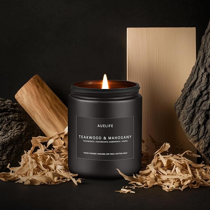 Teakwood & Mahogany Candle | Masculine Candles for Men, Gifts for Men - Soy Candle for Home Scented - Scented Candles for Home, Aromatherapy Gifts Long Lasting Burn Time - 7oz Black Jar - Bloomnest