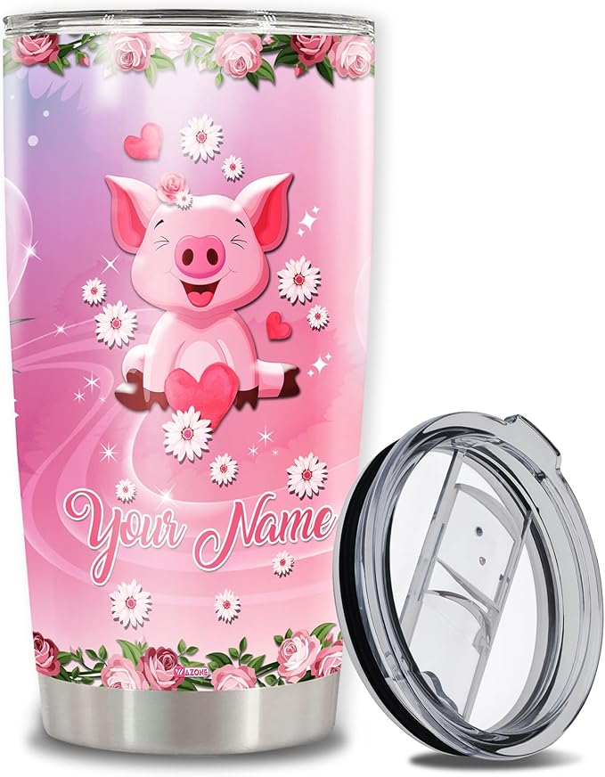 WAZONE Personalized Pig Tumbler Stainless Steel 20oz 30oz Custom Name Double Wall Vacuum Novelty Cup Pink Floral Coffee Travel Mug Birthday Christmas Gift For Women Girls Kids Animal Lovers - Bloomnest