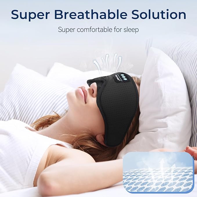 3D Sleep Mask with Bluetooth Headphones, Breathable Cotton Sleeping Headphones for Side Sleepers, Wireless Music Eye Mask with Timer, Gifts for Men Women, Black - Bloomnest