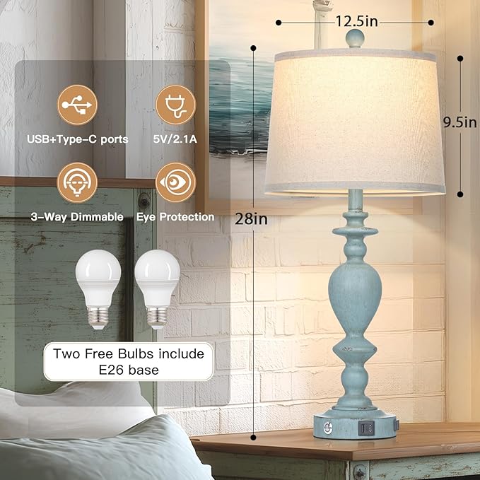 27.5" Coastal Table Lamp for Living Room Set of 2,Retro Blue Bedside Nightstand Lamps with USB C+A Ports & AC Outlet,3-Way Dimmable Touch Control Desk Lamp for Bedroom - Bloomnest