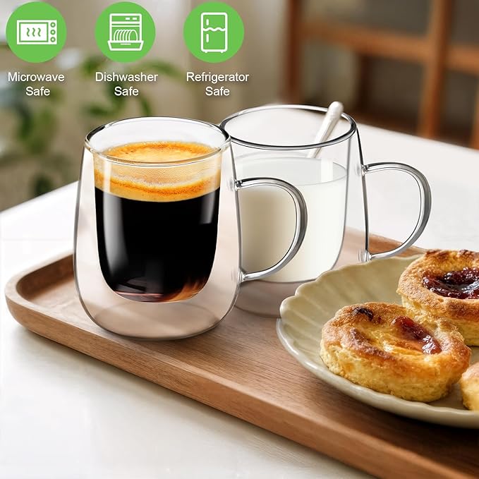 Glass Coffee Cups Set of 4, 13oz Double Walled Glass Mugs with Handles, Clear Insulated Coffee Mug Espresso Cups, Cappuccino Latte Tea Cups Set, Heat Resistant Borosilicate Clear Glasses - Bloomnest