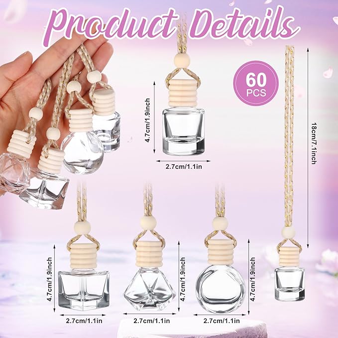 60 Pcs Hanging Car Air Freshener Car Diffuser Bottle Empty Glass Perfume Bottles Air Freshener Diffuser Bottle Pendant for Essential Oils Fragrance Aromatherapy Ornament Decor (Various Style) - Bloomnest