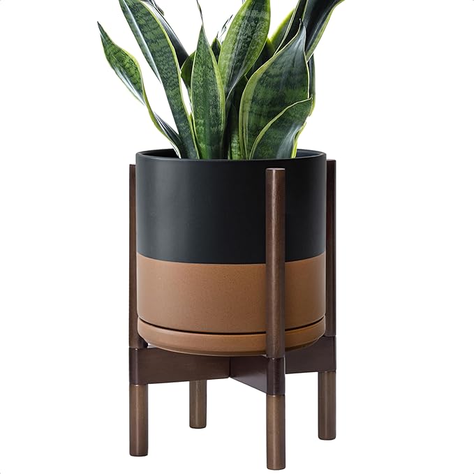 D'vine Dev Ceramic Planter with Walnut Color Stand - 10 Inch Modern Round Flower Pot with Wood Planter Holder, Black/Speckled Tan, 55-B-X-7 - Bloomnest