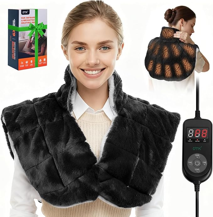 Weighted Heating Pad for Neck and Shoulders and Back,30s Fast Heating for Pain Relief, Ergonomic Heated Wrap, 160℉ Max Temp 8 Heat & 16 Auto-Off Timers,Memory Function,Christmas Gifts for Women,Black - Bloomnest
