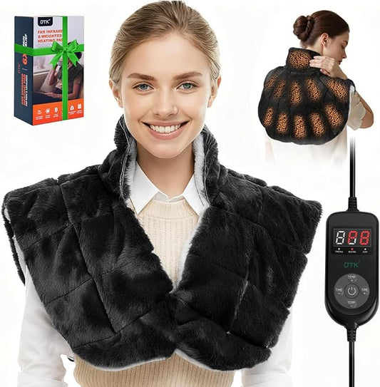 Weighted Heating Pad for Neck and Shoulders and Back,30s Fast Heating for Pain Relief, Ergonomic Heated Wrap, 160℉ Max Temp 8 Heat & 16 Auto-Off Timers,Memory Function,Christmas Gifts for Women,Black - Bloomnest