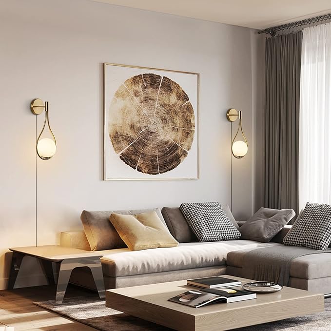 Modo Lighting Glass Ball Wall Sconce Plug in Mid Century Modern Drop Design Wall Light Brushed Brass Gold Wall Lamps for Bedside Living Room (with Plug in 2 Pack) - Bloomnest