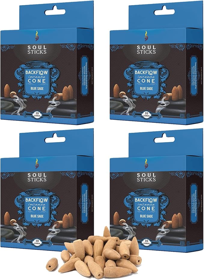 Soul Sticks Backflow Incense Cones – 40 PCS Organic Handmade Cones for Waterfall Burner | 4 Pack Long Lasting Aromatic Scents | Thick White Smoke Incense for Meditation, Spiritual Gift (Blue Sage) SoulSticks