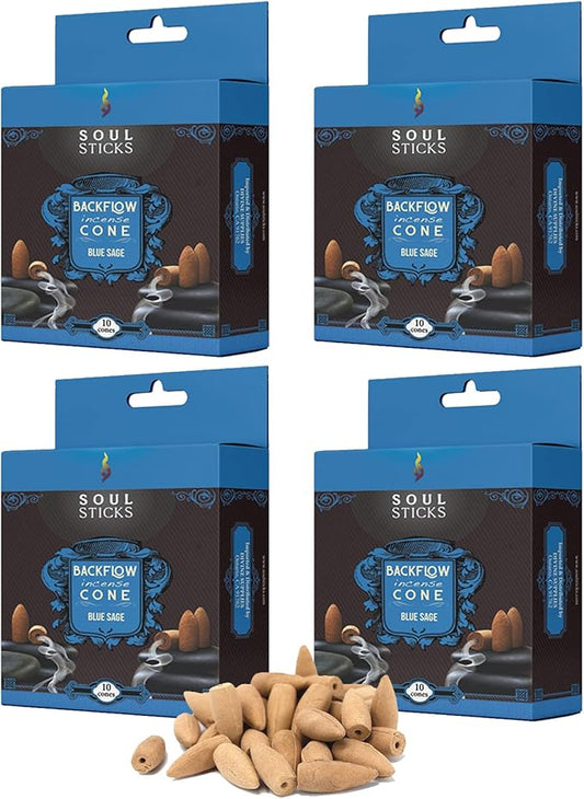 Soul Sticks Backflow Incense Cones – 40 PCS Organic Handmade Cones for Waterfall Burner | 4 Pack Long Lasting Aromatic Scents | Thick White Smoke Incense for Meditation, Spiritual Gift (Blue Sage) SoulSticks