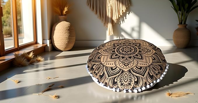 CRAFT KALA 22" Bohemian Floor Pillow Pouf Cover Mandala Boho Large Round Meditation Room Pillow Covers for Adults Seating Poufs Cushion Cover for Kids Playroom Black Gold Flower - Bloomnest