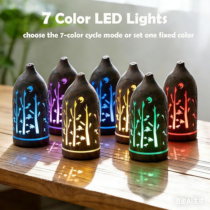 Essential Oil Diffuser,7.1''x3.5'' Air Diffusers with 3 Aromatherapy Oils Set,Small 200ml Humidifier with 7 LED Colors Lights,Waterless Auto-Off for Desk Office Home Decor Gift(Tree Dark Wood Grain) - Bloomnest