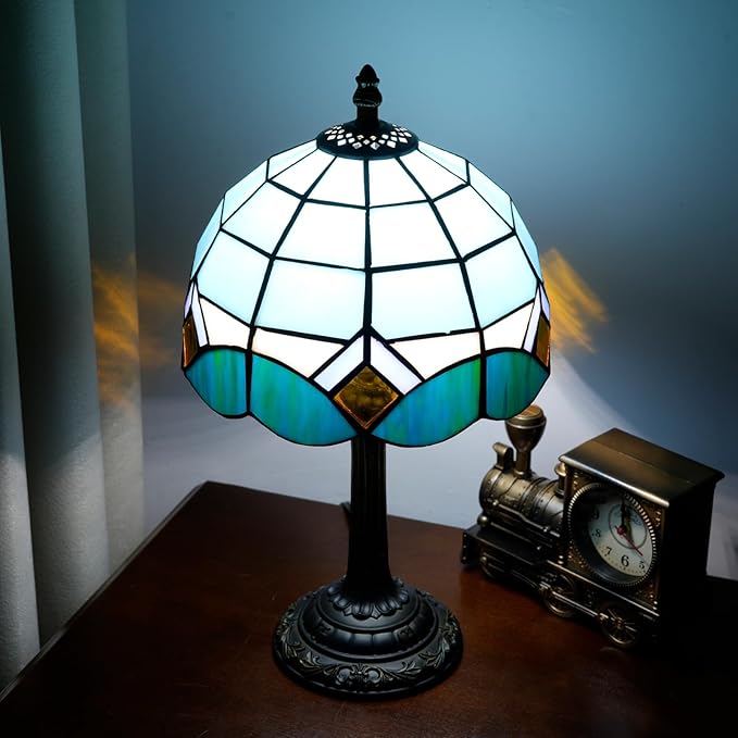Sky Blue and White Lamp Small Tiffany Lamps Bedside Nightstand for Bedroom Dector Light Stained Glass Table Lamp Living Room Kitchen Night Lamp Farmhouse Cute 8 Inch Aesthetic Mediterranean Desk Lamps - Bloomnest