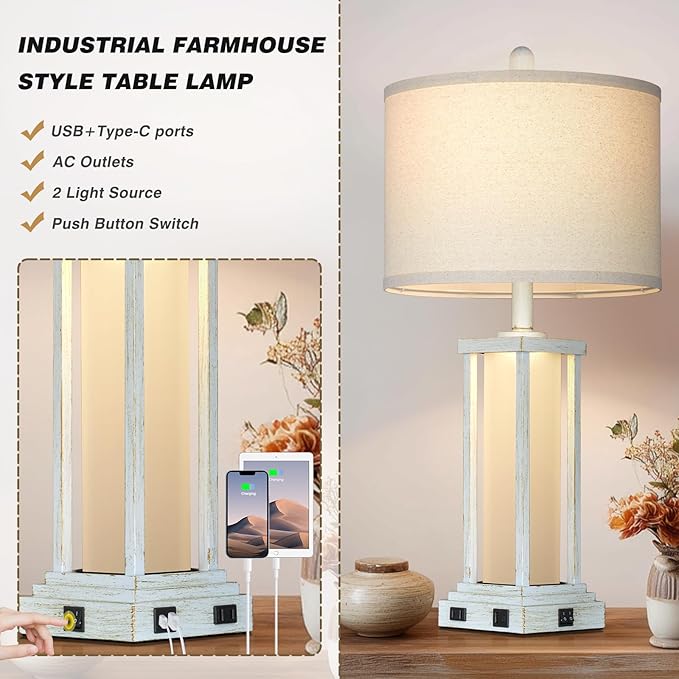 27" Tall Vintage Table Lamp Set of 2 with USB C+A & Outlet,Nightstand Lamp for Living Room,Bedside Lamps with Frosted Glass Night Light for Bedroom Entryway,White - Bloomnest