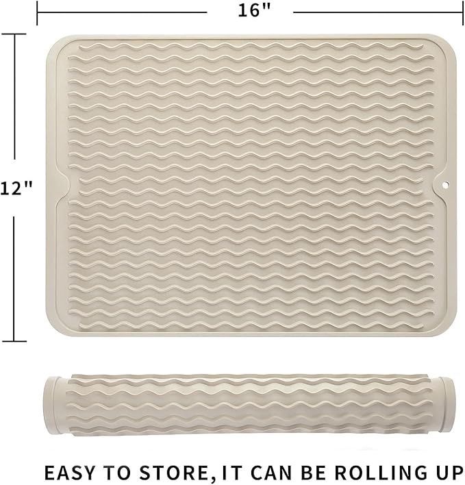 Silicone Dish Drying Mat for Multiple Usage,Easy clean,Eco-friendly,Heat-resistant Silicone Mat for Kitchen Counter or Sink,Refrigerator or drawer liner Tapioca L 16 inches x 12 inches - Bloomnest