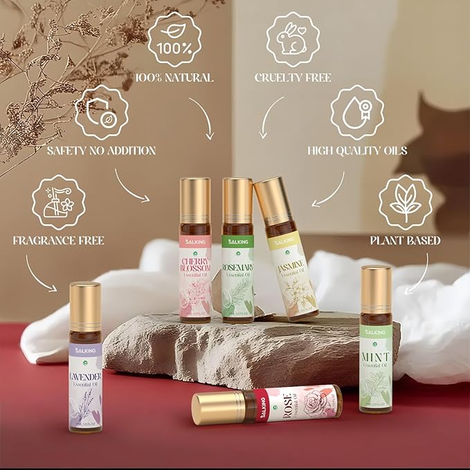 SALKING Essential Oils Roll On Set with Dried Flowers(6 Pack), Aromatherapy Oil with Roller Ball for Skin Use, Natural Fragrance Gift - Rose, Lavender, Cherry Blossom, Jasmine, Mint, Rosemary - Bloomnest