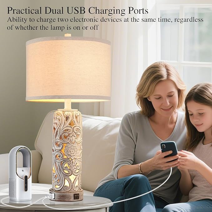 RORIANO Rustic Farmhouse Table Lamps for Living Room Bedroom, Vintage Bedside Lamp with Dual USB Port, Antique White Resin Retro Nightstand Lamps with Night Light, Bulbs Include - Bloomnest