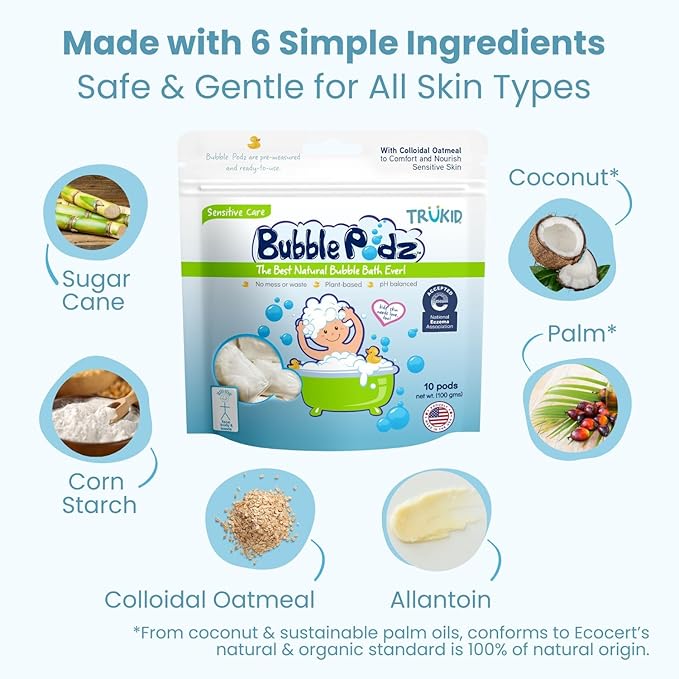 TruKid Bubble Podz Bubble Bath for Kids, Toddlers, & Babies, NEA-Accepted for Eczema, Gentle Refreshing Colloidal Oatmeal Bath Bomb for Sensitive Skin, pH Balanced, Tear Free, Unscented (10 Podz) - Bloomnest