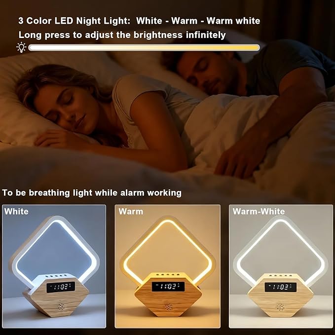 Wood Sunrise Alarm Clock with White Noise Machine 3 Color Night Light 15 Soothing Sounds Sleep Aid 30/60/90min Timer 10 Alarm Ringtones USB C PD Phone Charger Anniversary Birthday Gifts for Women Men - Bloomnest