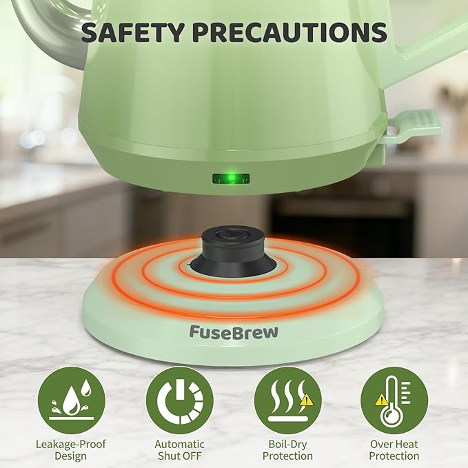Gooseneck Electric Kettle(0.8L),1200 Watts Fast Boiling,Stainless Steel BPA Free,Automatic Shut Off,Pour Over Kettle for Small Kitchen,RV,Trip,Coffee & Tea- Green - Bloomnest