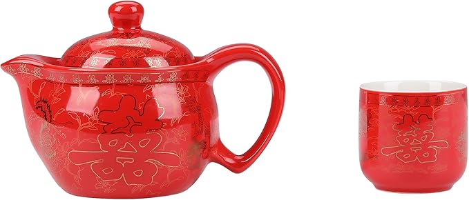 I-MART Chinese Tea Set, Red Ceramic Chinese Wedding Tea Set, Asian Traditional Tea Set with 1 Tea Pot. 6 Tea Cups and 1 Gift Box - Bloomnest