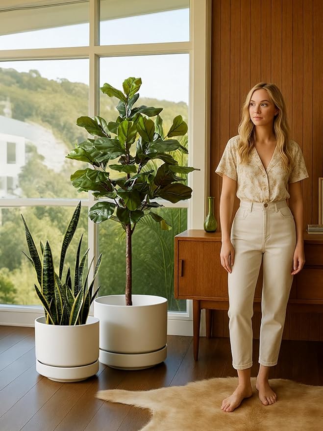 LE TAUCI Large 14 Inch Plant Pot with Saucer | Ceramic Outdoor & Indoor Big Planter Pot | Drainage Hole, Mesh Pad & Plug | Unglazed Porous | Modern Minimalist for Home and Patio – Chalk White - Bloomnest