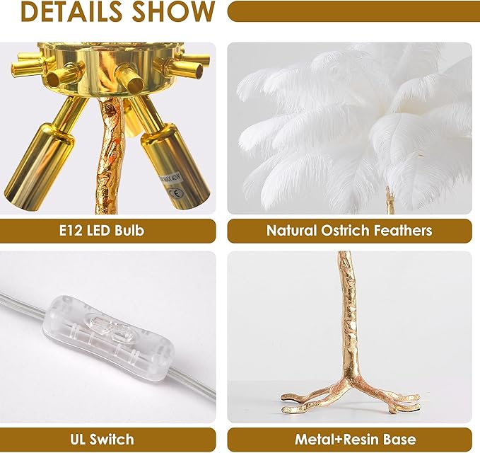 MAYOLA Modern Ostrich Feather Table Lamp with Plug in Wire,3-Light Bedside Floor Lamp for Living Room, Bedroom and Office 24” Tall Feather Desk Lamp (White, Table Lamp-Resin) - Bloomnest
