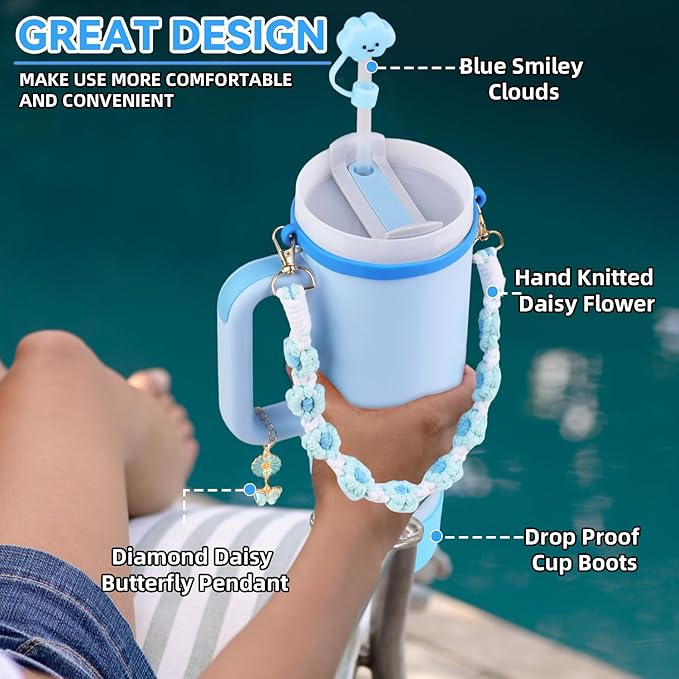 40 oz Tumbler Insulated Mug w/Straw & Flip Cap Lids - Cup Holder Bottle with 6 Accessories Set for Hot, Cold Drink - Leak-Proof - Water, Coffee Portable Travel Mug (Sky Blue) - Bloomnest