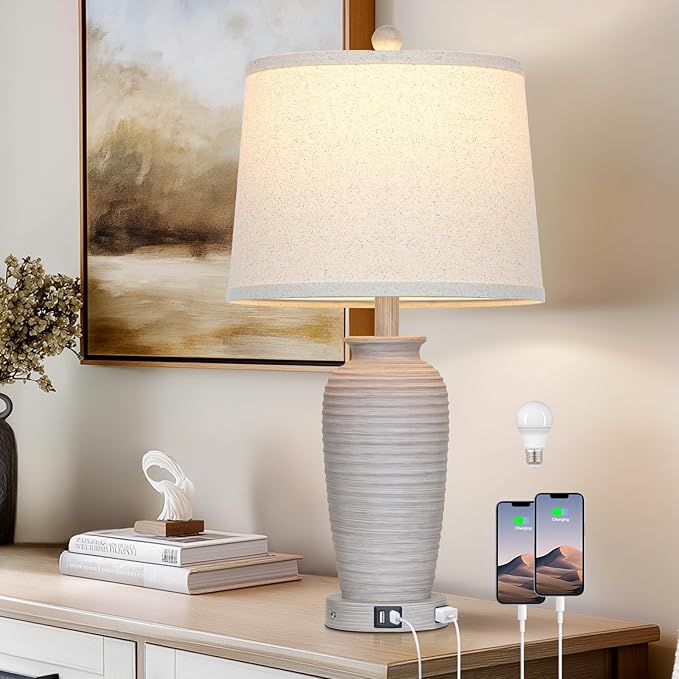 25" Vintage Farmhouse Jar Table Lamps, Single Rustic Bedside Lamp with USB A+C Ports & AC Outlet, Nightstand Lamps for Living Room, Bedroom, End Table, Grey White(LED Bulb Included) - Bloomnest